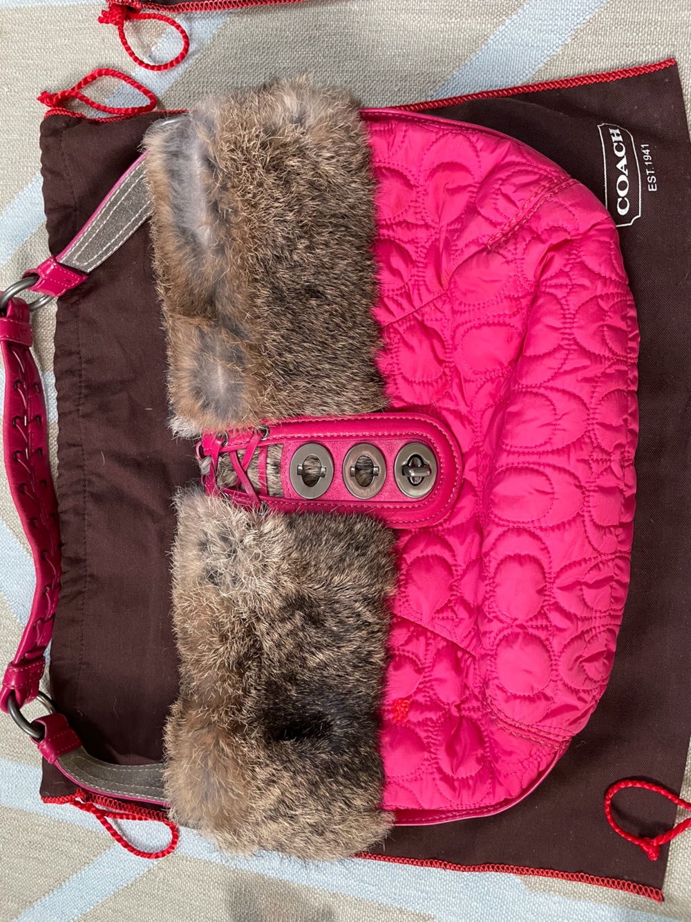 Coach Hamptons Fur Flap Bag Pink Quilted Leather Rabbit Fur Turnlock Y2K Rare